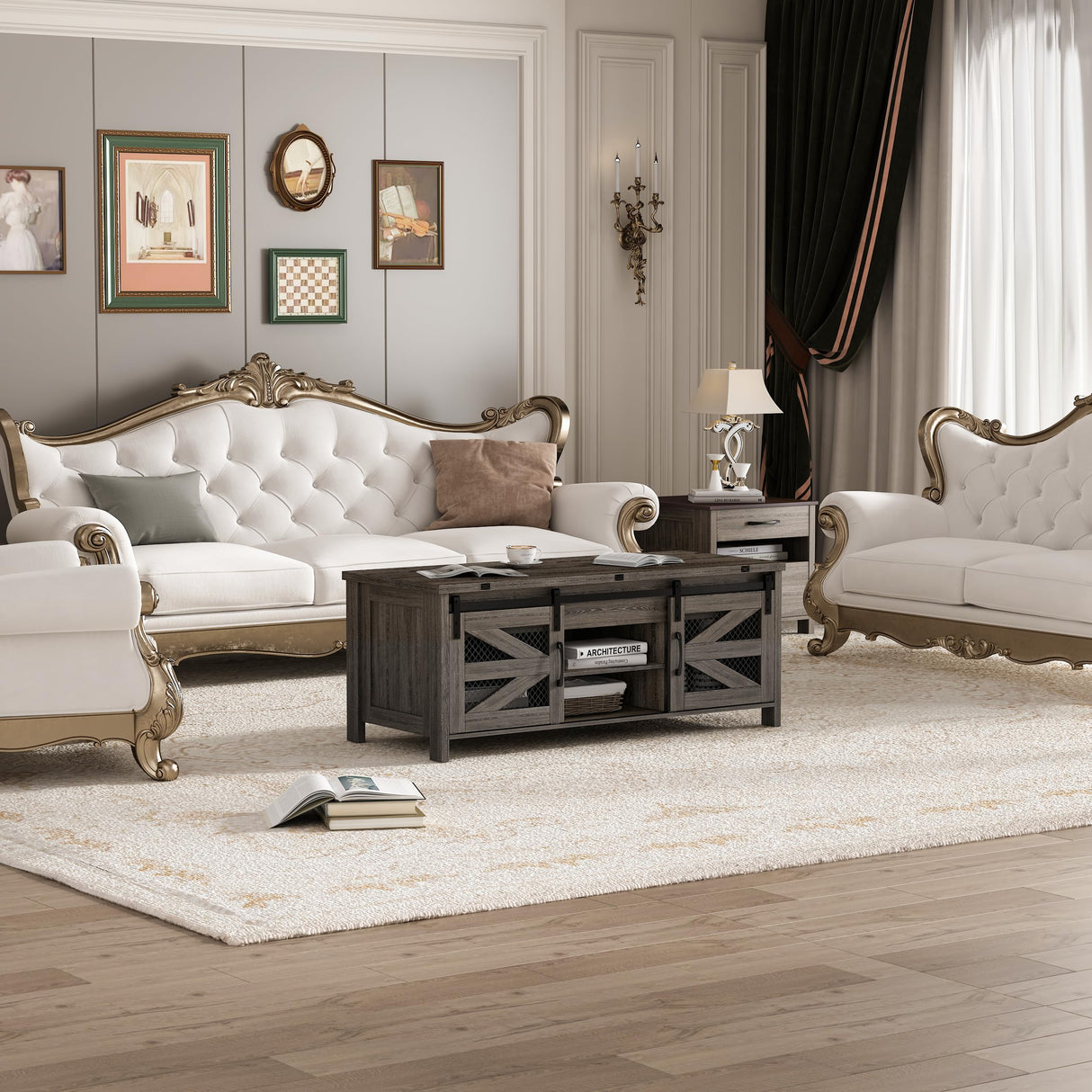 wanan 47.2" Lift Top Coffee Table, 4 in 1 Farmhouse Coffee Table with Sliding Barn Doors, Coffee Tables for Living Room, Dining Room (Grey) wanan