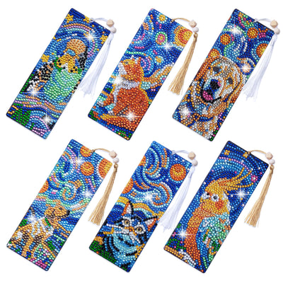 SWATOM 6 Pcs 5D Diamond Painting Bookmarks Starry Night & Animals Acrylic Diamond Art Bookmark with DIY Painting Kits Tassels & Wood Beads Pendant Rhinestone Bookmarks