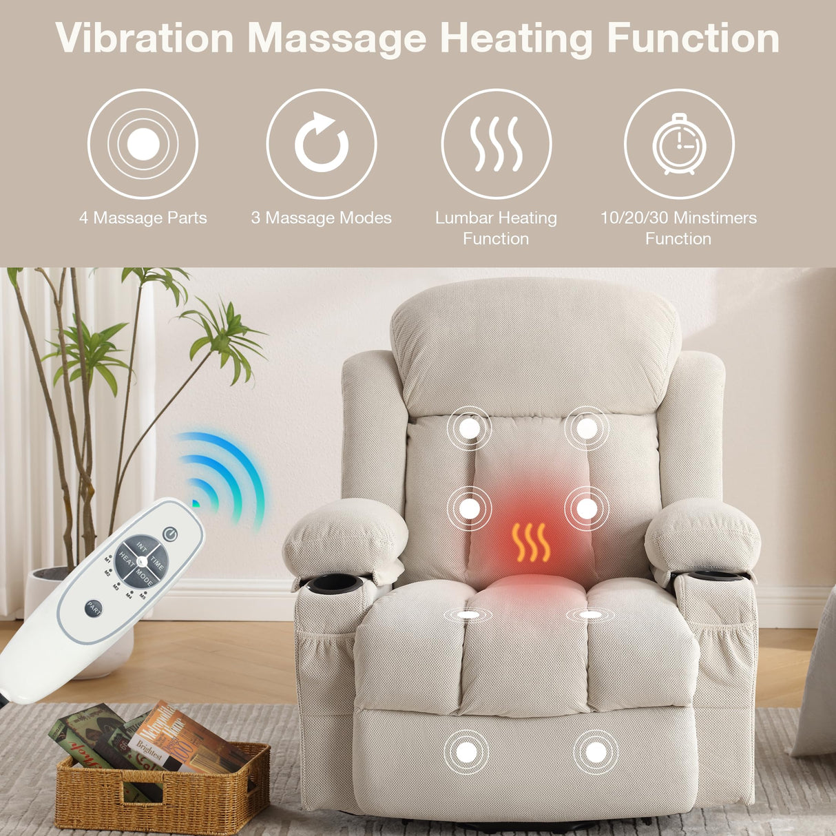 BOSMILLER Power Lift Recliner Chair with Heat and Massage Electric Fabric Recliner Chair for Elderly with Side Pocket, USB Charge Port, Remote Control for Living Room (Cream) BOSMILLER