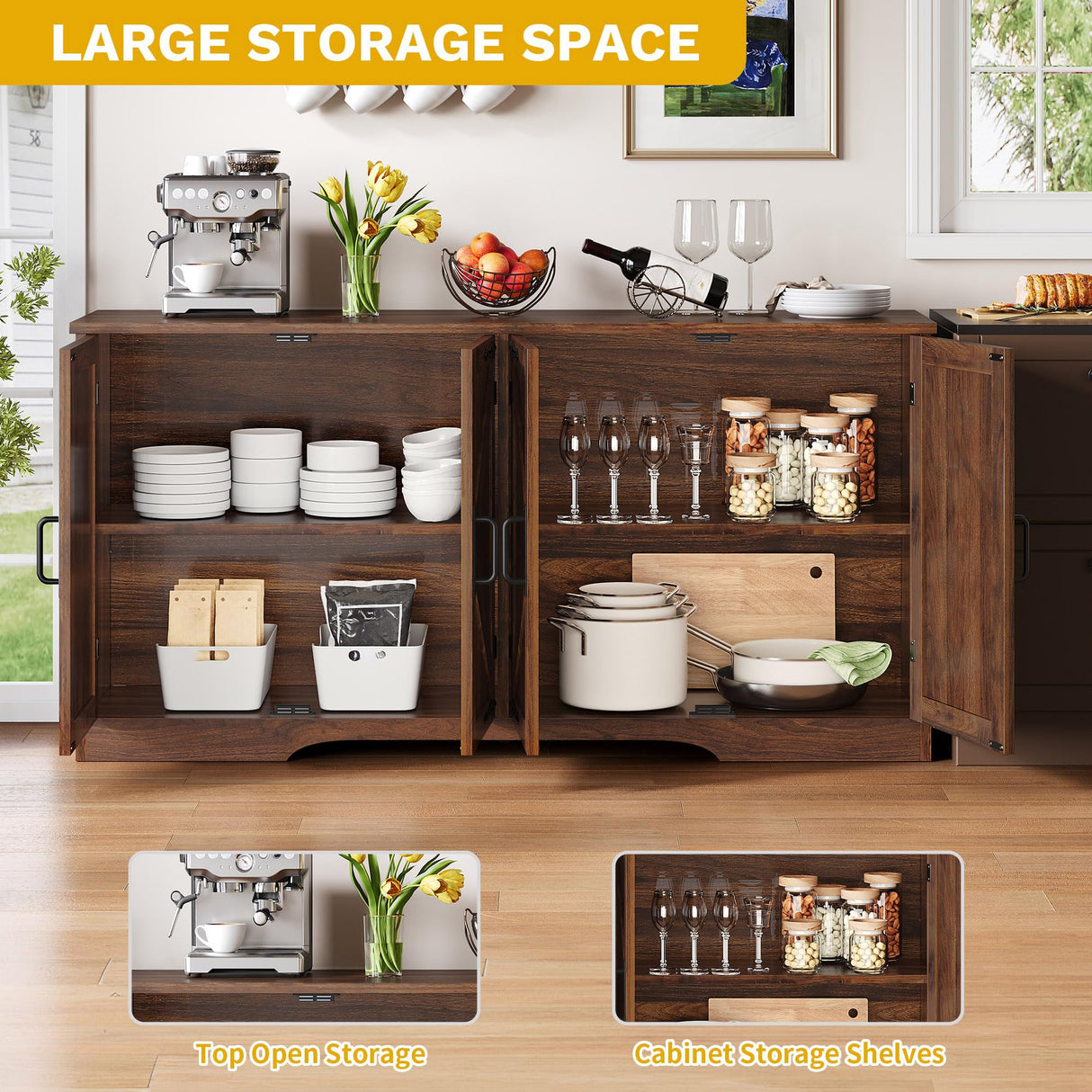 DWVO 62" Farmhouse Buffet Sideboard Cabinet with Adjustable Shelves, Large Coffee Bar Cabinet for Living Room, Kitchen, Entryway, Dark Walnut DWVO