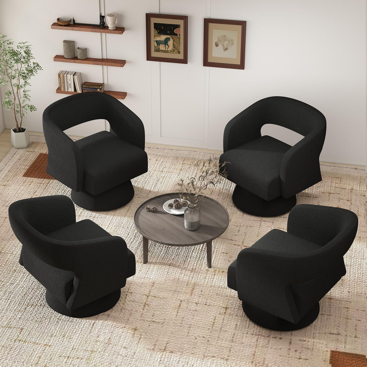 Nebuaegis Swivel Accent Chair Set of 2, Modern Comfy Teddy Barrel Chairs, Oversized Upholstered Round Arm Chair for Living Room, Bedroom, Reading Room, Black Nebuaegis