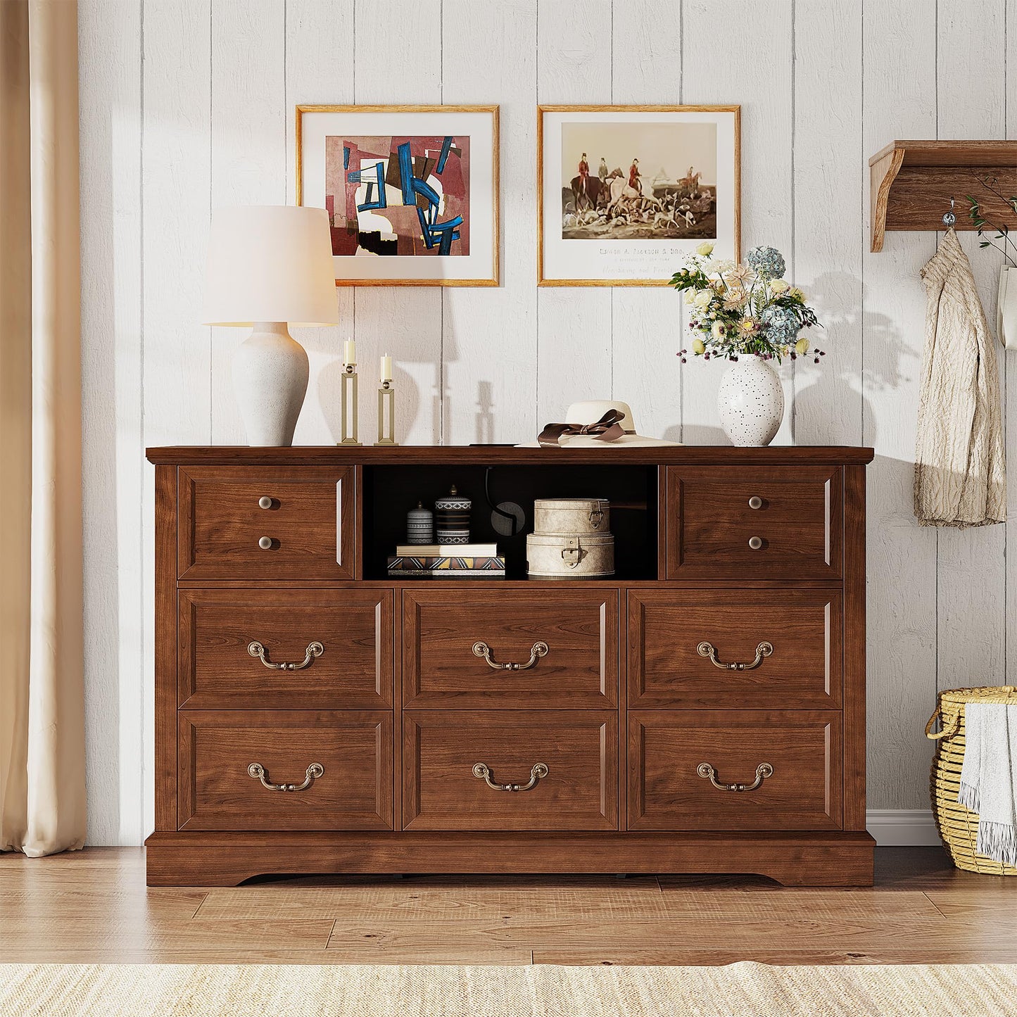 EnHomee 8 Drawers Dresser with Power Outlets and LED Lights, 55 Inch Wide Rustic Wood Dressers & Chest of Drawers for Bedroom, Hallway, Closet, Brown, 55" W x 34.5" H x 15.7" D