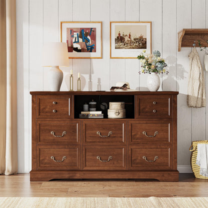 EnHomee 8 Drawers Dresser with Power Outlets and LED Lights, 55 Inch Wide Rustic Wood Dressers & Chest of Drawers for Bedroom, Hallway, Closet, Brown, 55" W x 34.5" H x 15.7" D