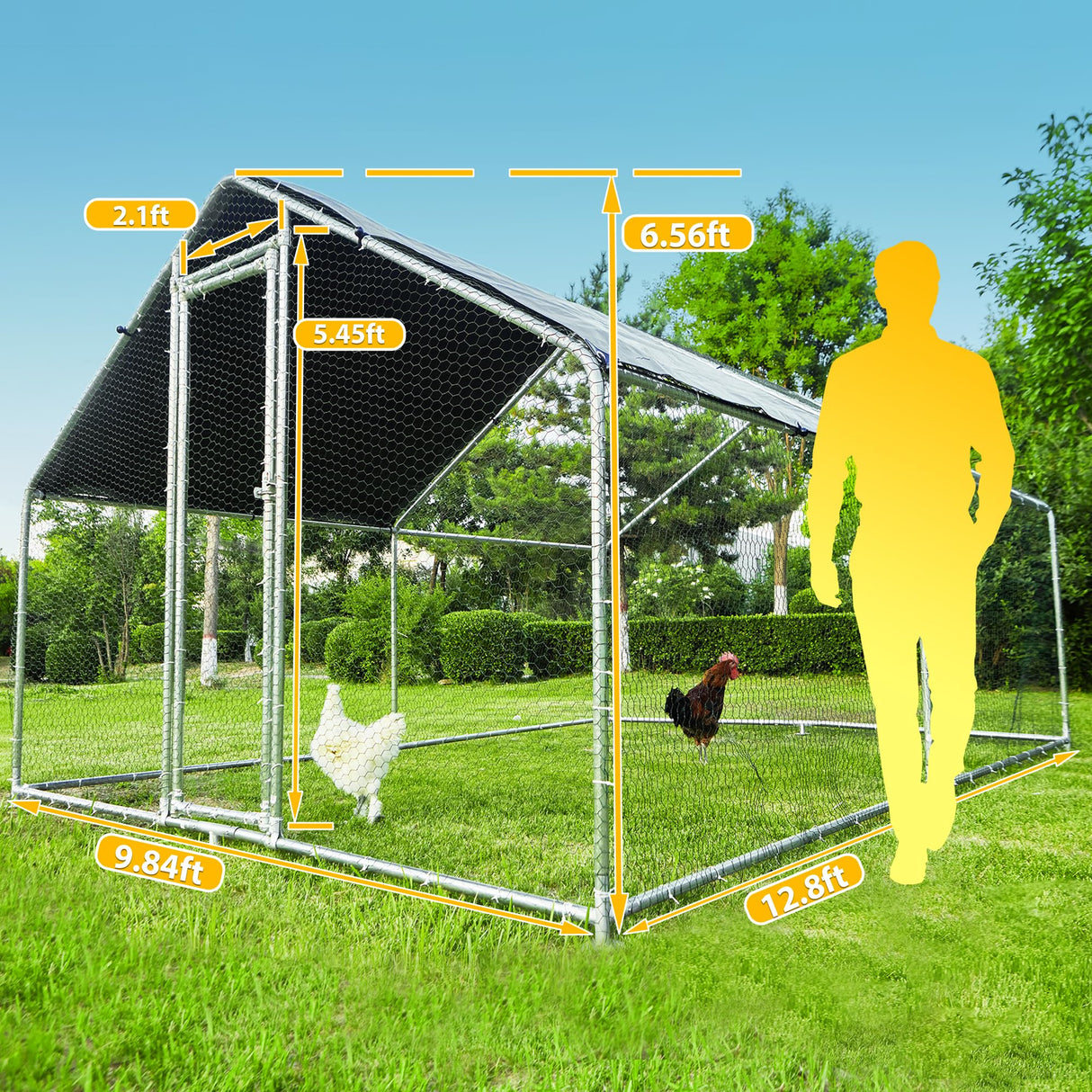 Large Metal Chicken Coops 12.8Lx9.84Wx6.6H FT for 8/10/16 Chickens with Run, Walk in Chicken Run Chicken Pen with Cover and Feeding Door, Spire Poultry Cage Hen House Runs for Yard with Cover 797Audio