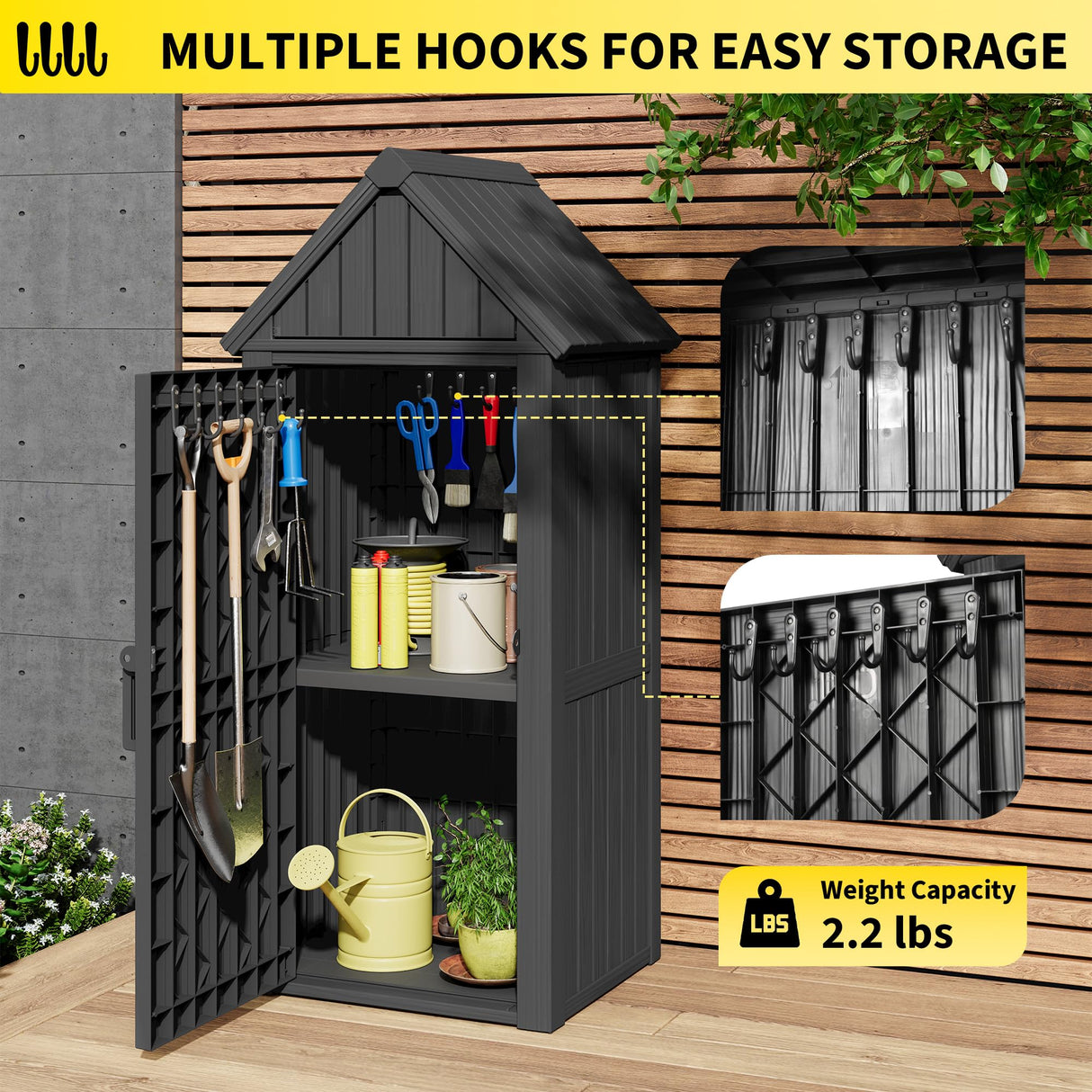 Fancyango Outdoor Resin Storage Shed, Upgrade Durable Storage Cabinet with Removable Shelves and Lock Ring, Reinforced Floor, All-Weather Construction for Garden Patio Lawn (Black) Fancyango