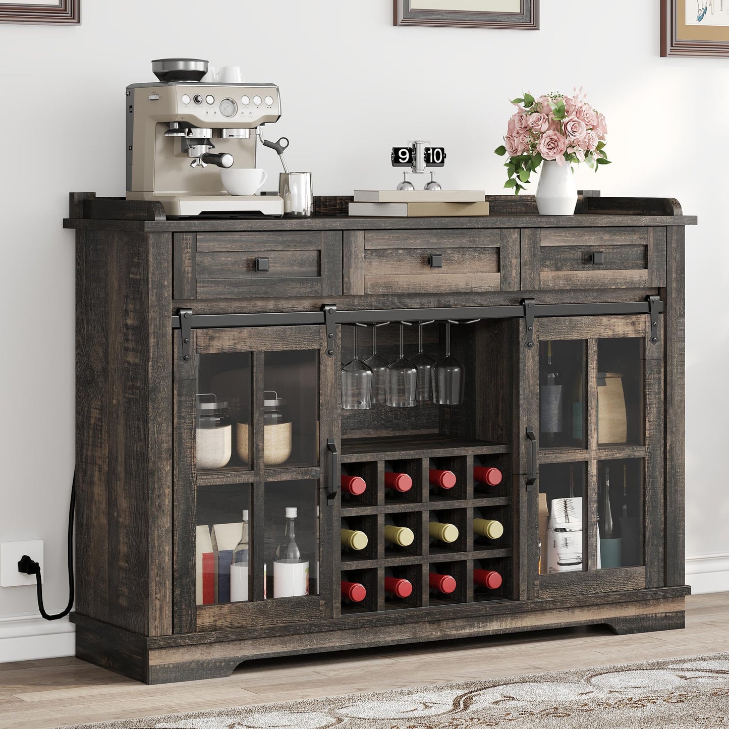 YITAHOME 53” Farmhouse Coffee Bar Cabinet Kitchen Sideboard Buffet Cabinet Storage with 3 Drawers Storage Cabinet and Glass Sliding Barn Door for Kitchen & Living Room, Dark Rustic Oak