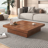 RuiSiSi Square Marble Veneer Coffee Table with Sliding Top and Storage Space, Solid Wood Coffee Table for Living Room, Walnut RuiSiSi