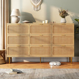 GarveeHome Rattan 9 Drawer Dressers for Bedroom, Tall Dresser with Deep Drawers, Large Chest of Drawers for Closet with Wide Top, Long Wooden Dresser for Living Room, Hallway, Kids Room, Natural GarveeHome