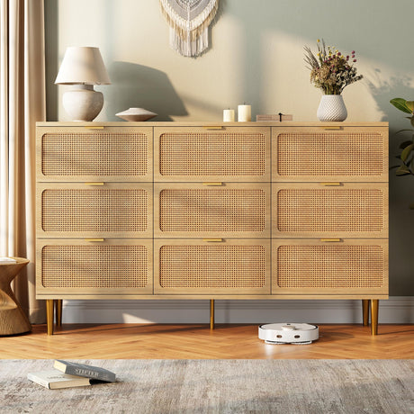 GarveeHome Rattan 9 Drawer Dressers for Bedroom, Tall Dresser with Deep Drawers, Large Chest of Drawers for Closet with Wide Top, Long Wooden Dresser for Living Room, Hallway, Kids Room, Natural GarveeHome