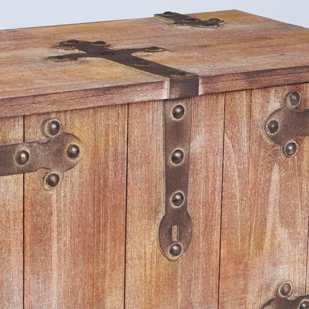 Household Essentials Decorative Trunk, Victorian, Large, Chinese Fir Wood, Aged-Wood Finish with Metal Accents, Fully Opening Lid, Stout Design, Ring Handles Household Essentials