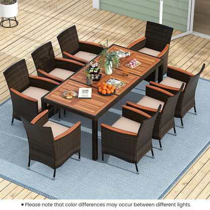 Tangkula 9 Piece Outdoor Dining Set, Patio Wicker Furniture Set with Acacia Wood Table Top w/Umbrella Hole, Rattan Dining Table Chairs Conversation Set Perfect for Outdoor and Indoor