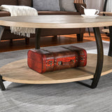 Wood Oval Coffee Table with 2 Tier Storage Shelf, 43 inch Solid Wood Center Table Rustic Accent Sofa Table with Natual Pine Wood Top & Black Curved Metal Legs for Living Room Home Decor Ripros