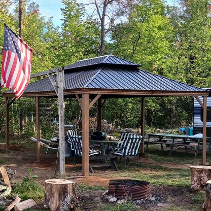 Domi Outdoor Living 14x20FT Hardtop Gazebo, Permanent Metal Gazebo with Galvanized Steel Double Roof and Aluminum Frame, Curtain and Netting, Large - WoodArtSupply