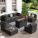 Crownland 8-Piece Outdoor Patio Furniture Sets with 45” Propane Gas Fire Pit Table, All-Weather Black Wicker Rattan Sectional Sofa with Coffee Table(Grey) Crownland