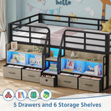 BYSAUD Twin Loft Bed, Low Loft Bed Twin with 5 Drawers, 6 Storage Bookcase & Under-Bed Play Space, Loft Beds for Kids with LED Lights & Charging Station, 15.8" H Safety Guardrails, Oak Gray BYSAUD