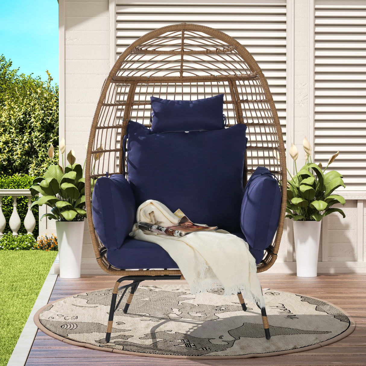 Homtique Egg Chair Outdoor, Indoor Rattan Wicker Chair with Cushion and Pillow for Patio, Backyard,Living Room(DarkBlue) Homtique