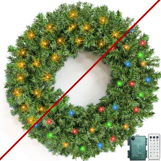 Remote Control - 30 Inch 70 LED Super Large Thick Prelit Christmas Wreath for Front Door Warm White & Colorful Lights Timer 12 mode Realistic-Feel 320 Branches Tips Outdoor Christmas Wreath Xmas Decor