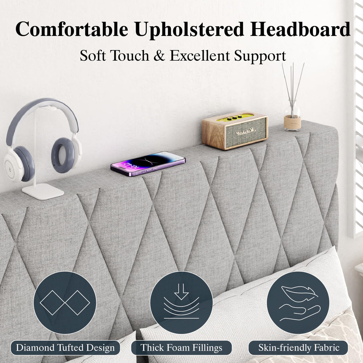 CXVX Full Size Bed Frame with Diamond Tufted Headboard, Linen Upholstered Platform Bed and Wooden Slat Support, Noise-Free, No Box Spring Needed, Easy Assembly, Light Grey CXVX