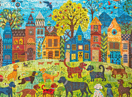 Cross & Glory - Colorful Canines: A Dog Park Day - 1000 Piece Folk Art Style Jigsaw Puzzle for Adults | Vibrant City Scene with Playful Pups | Perfect for Dog Lovers Cross & Glory