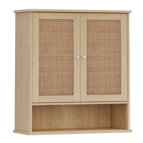 Reettic Rattan Two Door Wall Cabinet, Wooden Medicine Cabinet, Wall Mounted Bathroom Storage Cabinet with Inner Adjustable Shelf, for Bathroom, Kitchen, Entryway, Natural BMGZ103M Reettic