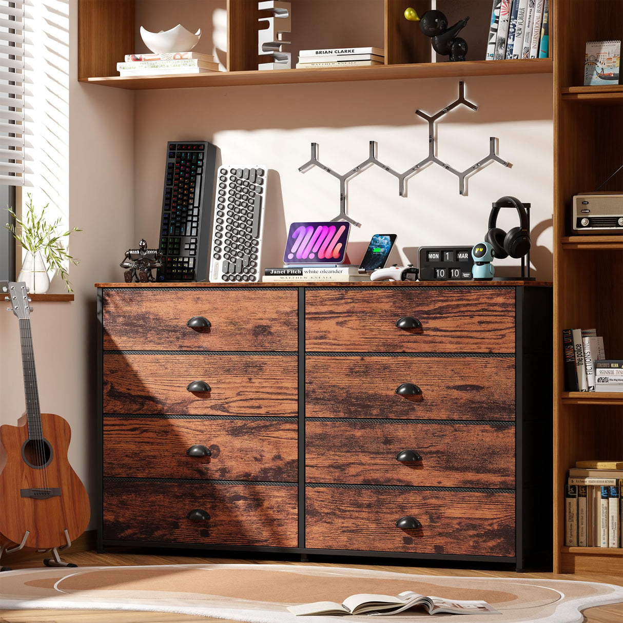 Furnulem Long Dresser for Bedroom, TV Stand for 55'' TV, Wide Storage Drawer Unit with 8 Fabric Bins, Double Dresser for Bedroom, Office, Dorm, Closet, Entryway, Wood Top (Rustic Brown) Furnulem