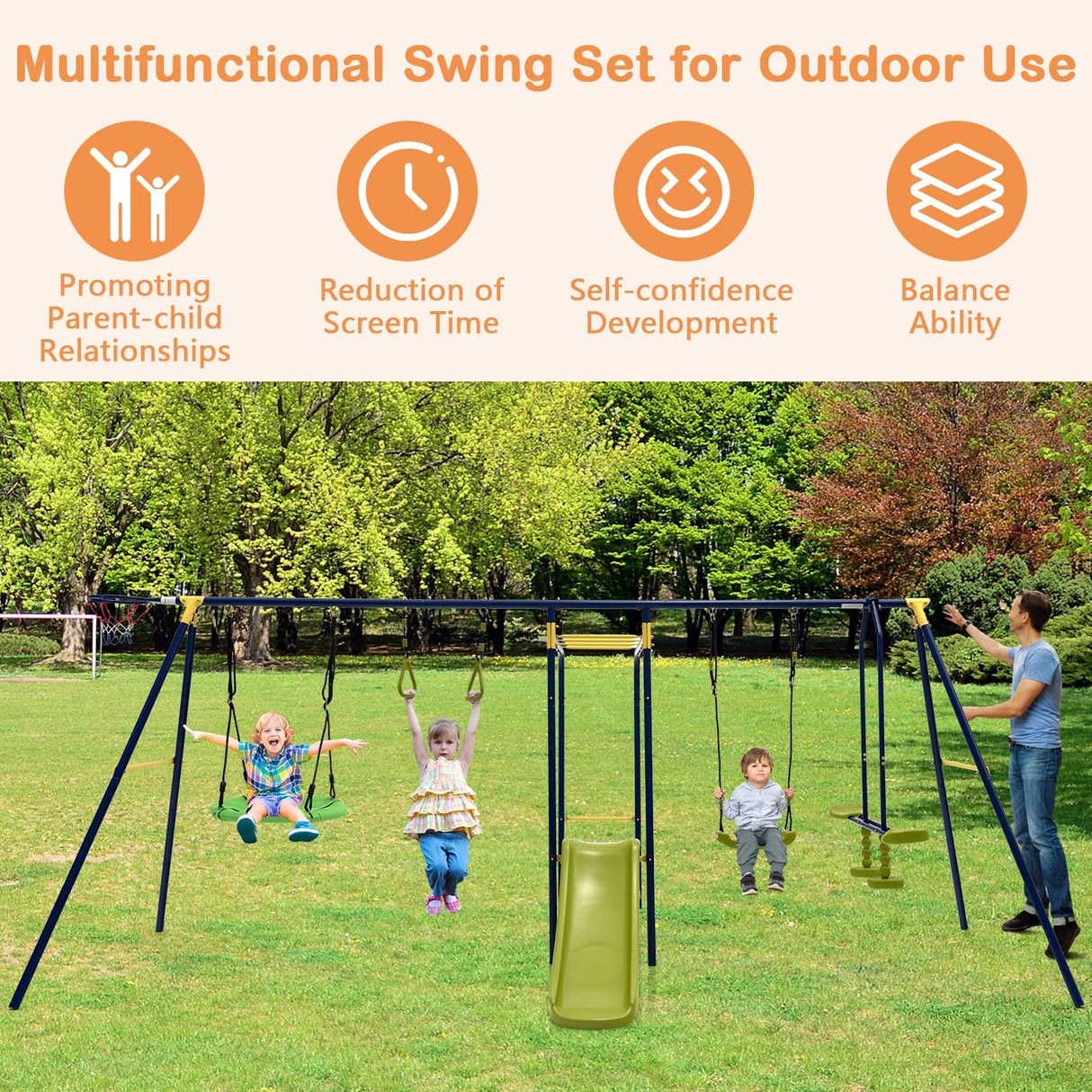 HONEY JOY Swing Set, 660lbs 7-in-1 Heavy Duty Swingset Outdoor for Kids w/A-Frame Metal Swing Stand, 2 Swings, Glider, Gym Rings, Slide, Monkey Bar, Basketball Hoop, Swing Sets for Backyard HONEY JOY