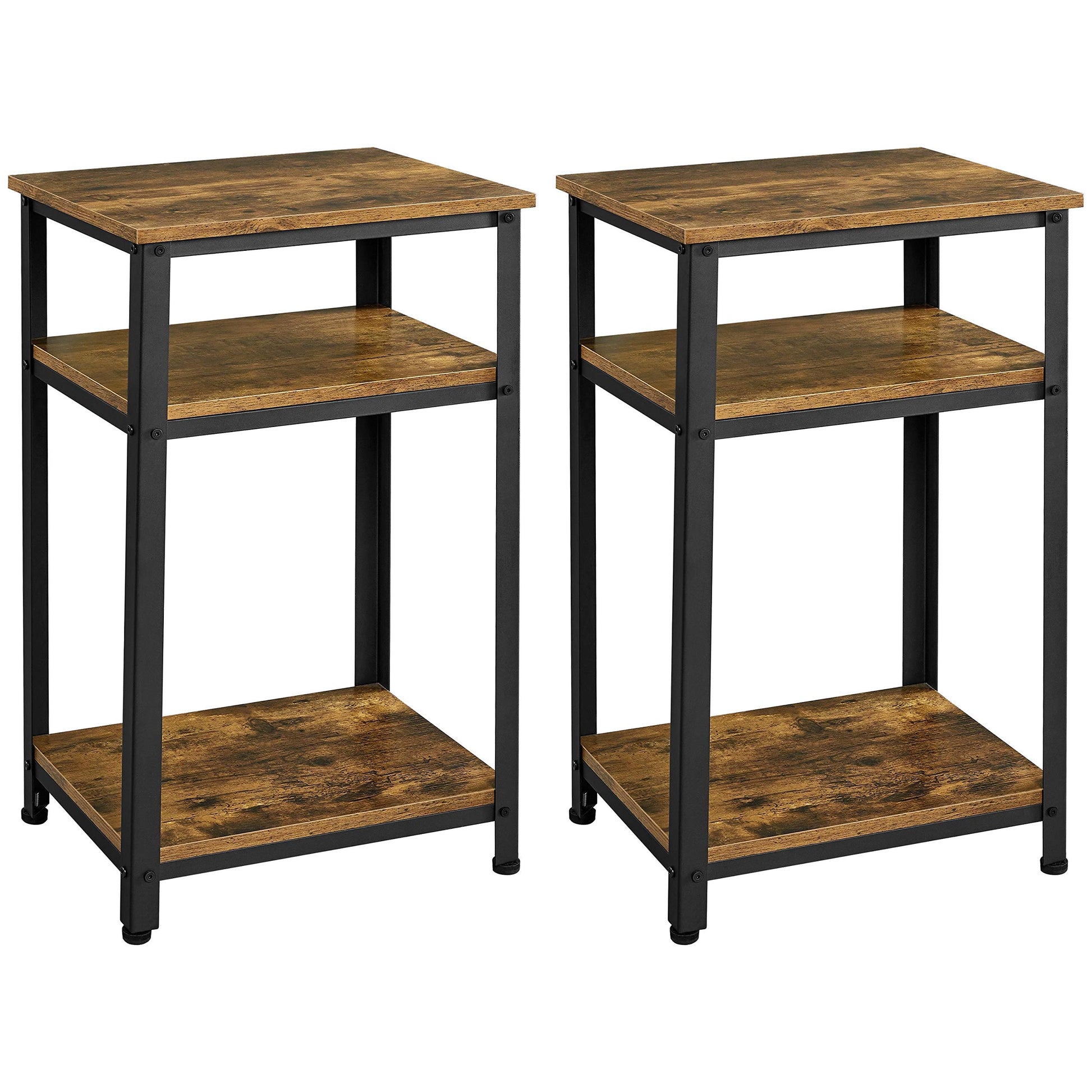 Yaheetech Tall End Table Set of 2, 18x14x29.5 inch Industrial Side Table with Strong Wooden Shelves, 2PCS Slim 3-Tier Telephone Table with Metal Frame for Living Room, Small Places - Rustic B - WoodArtSupply