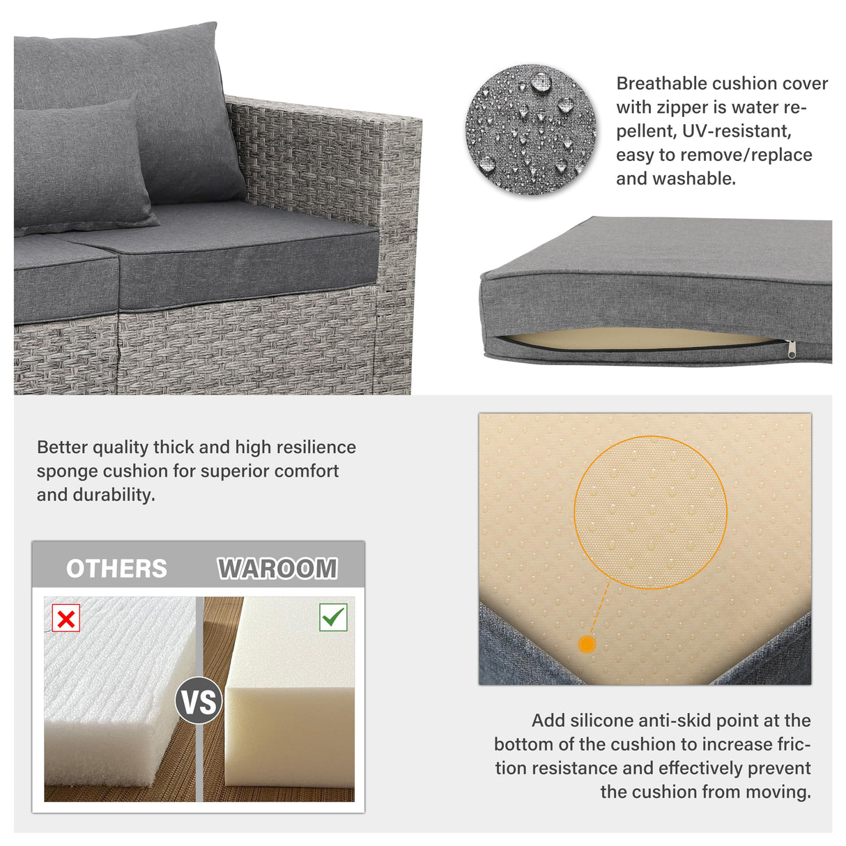 WAROOM Patio Furniture Set 6 Piece Outdoor Patio Set Grey Wicker Balcony Furniture Conversation Sets PE Rattan Couch Sofa with Fire Pit Table, Grey Cushion WAROOM