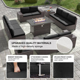 Kullavik 13 Pieces Outdoor Patio Furniture Set with 43" 55000BTU Gas Propane Fire Pit Table PE Wicker Rattan Sectional Sofa Patio Conversation Sets,Black Kullavik