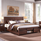 Farmhouse King Bed Frame with Sliding Barn Door Storage and Solid Wood Support, Brown JXQTLINGMU
