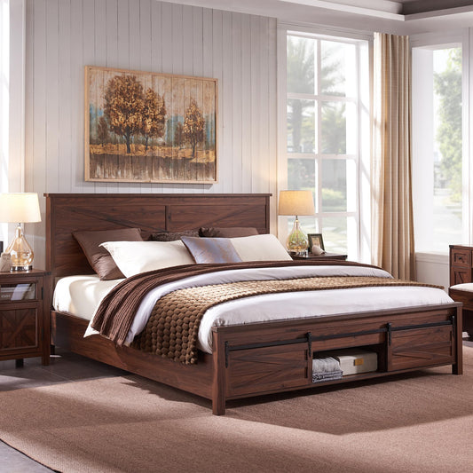 Farmhouse King Bed Frame with Sliding Barn Door Storage and Solid Wood Support, Brown - WoodArtSupply