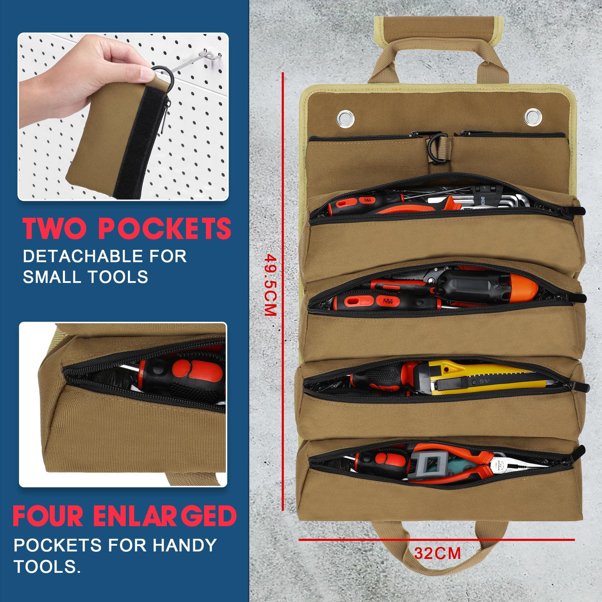 BAQRAXIA Tool Bag, Roll Up Small Tools Box Storage, Tool Gifts for Men Dad Husband Grandpa Him Birthday, Heavy Duty Tool Organizer with 2 Detachable Tool Pouch BAQRAXIA