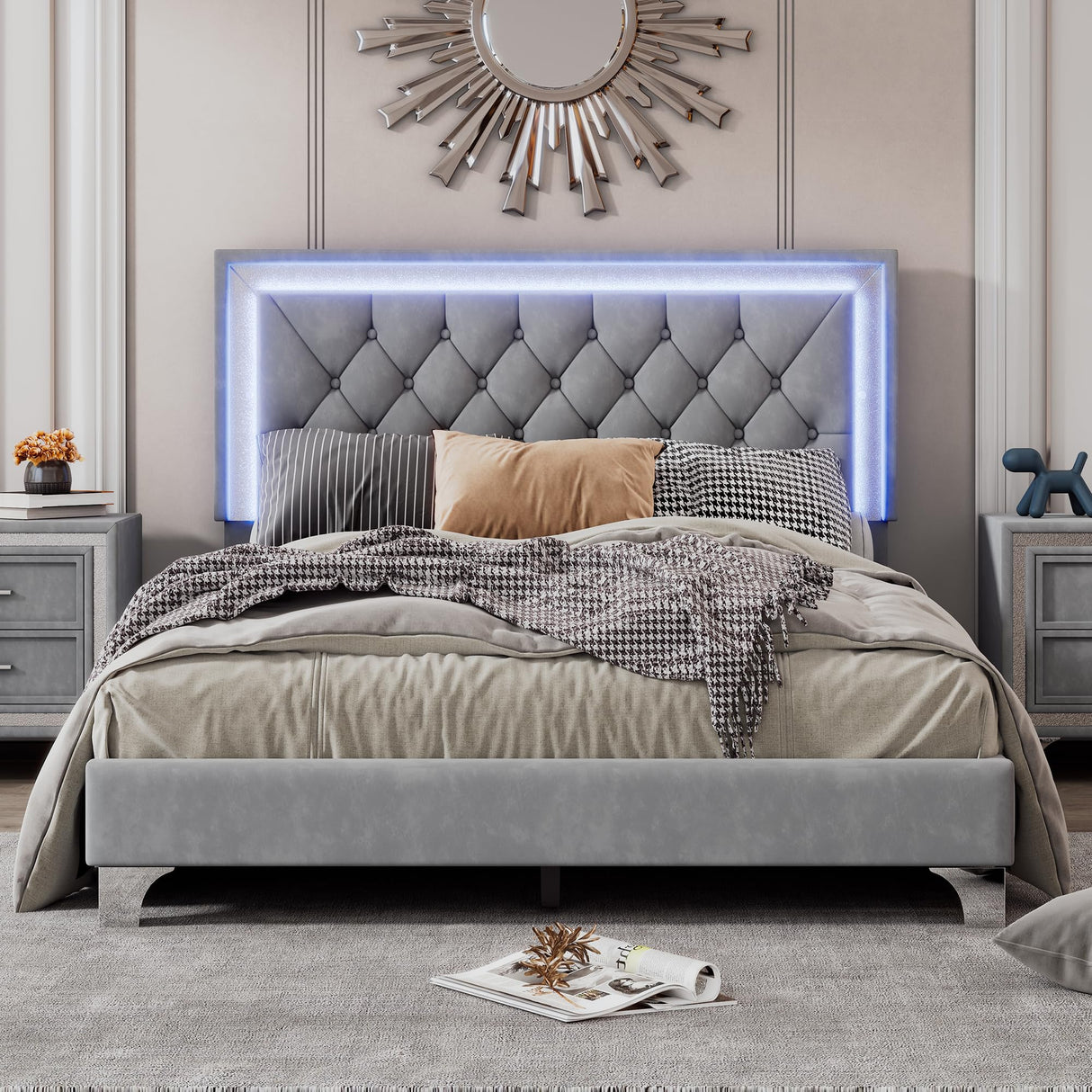 HomSof Modern Grey Velvet Platform Bed Frame with LED Lights and Tufted Headboard HomSof