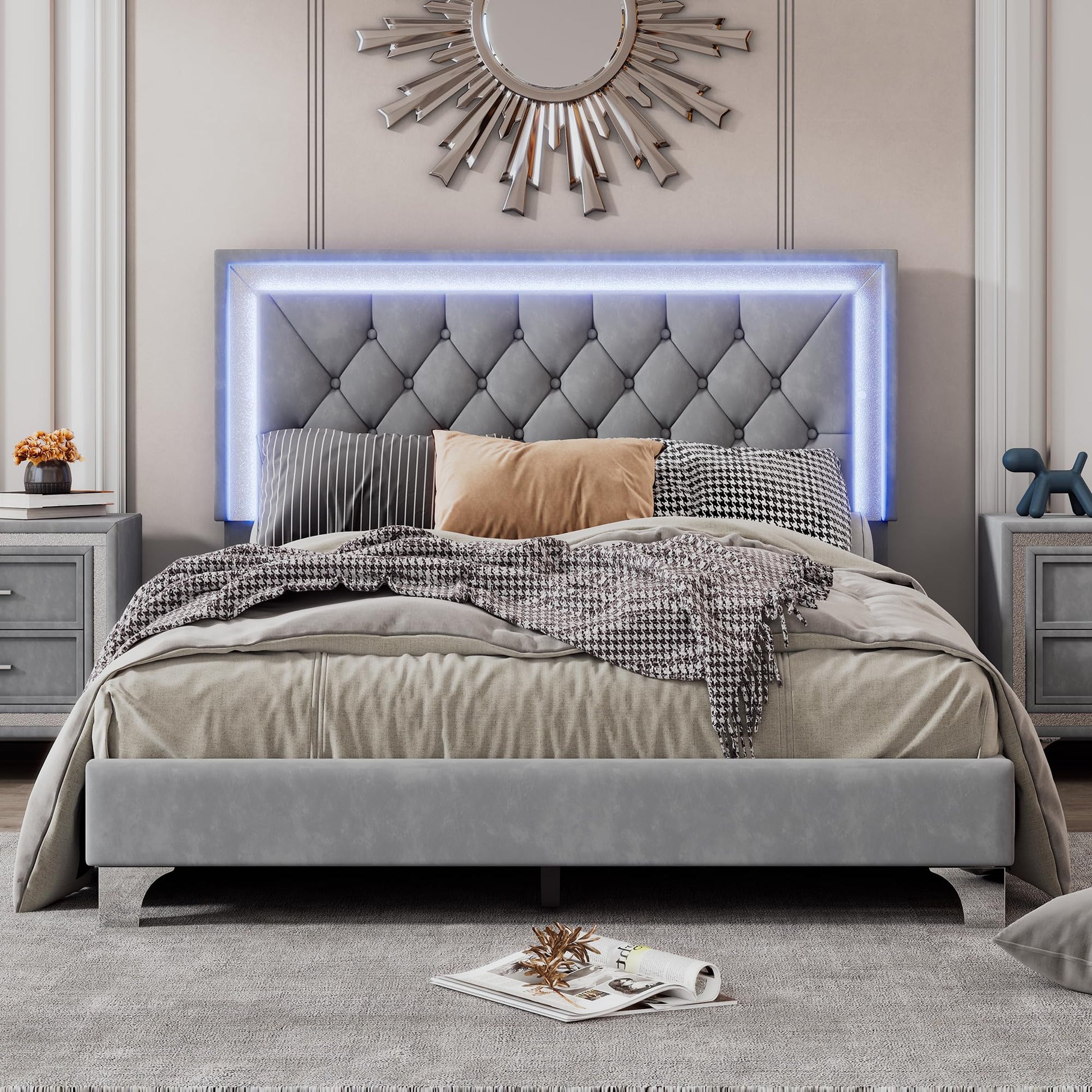 HomSof Modern Grey Velvet Platform Bed Frame with LED Lights and Tufted Headboard - WoodArtSupply