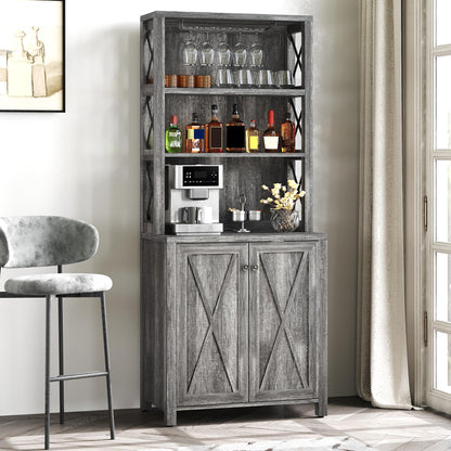 YITAHOME Kitchen Pantry Cabinet Storage Hutch with Microwave Stand Wine Rack, Freestanding Pantry Cabinet with Adjustable Shelves and Cupboard for Home, Dark Grey