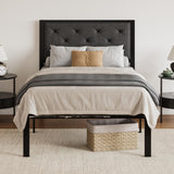 SHA CERLIN Twin Size Metal Platform Bed Frame,Linen Upholstered Button Tufted Headboard, Mattress Foundation with 12.4” Under-Bed Storage, Noise-Free, Easy Assembly, No Box Spring Needed, Dark Grey SHA CERLIN