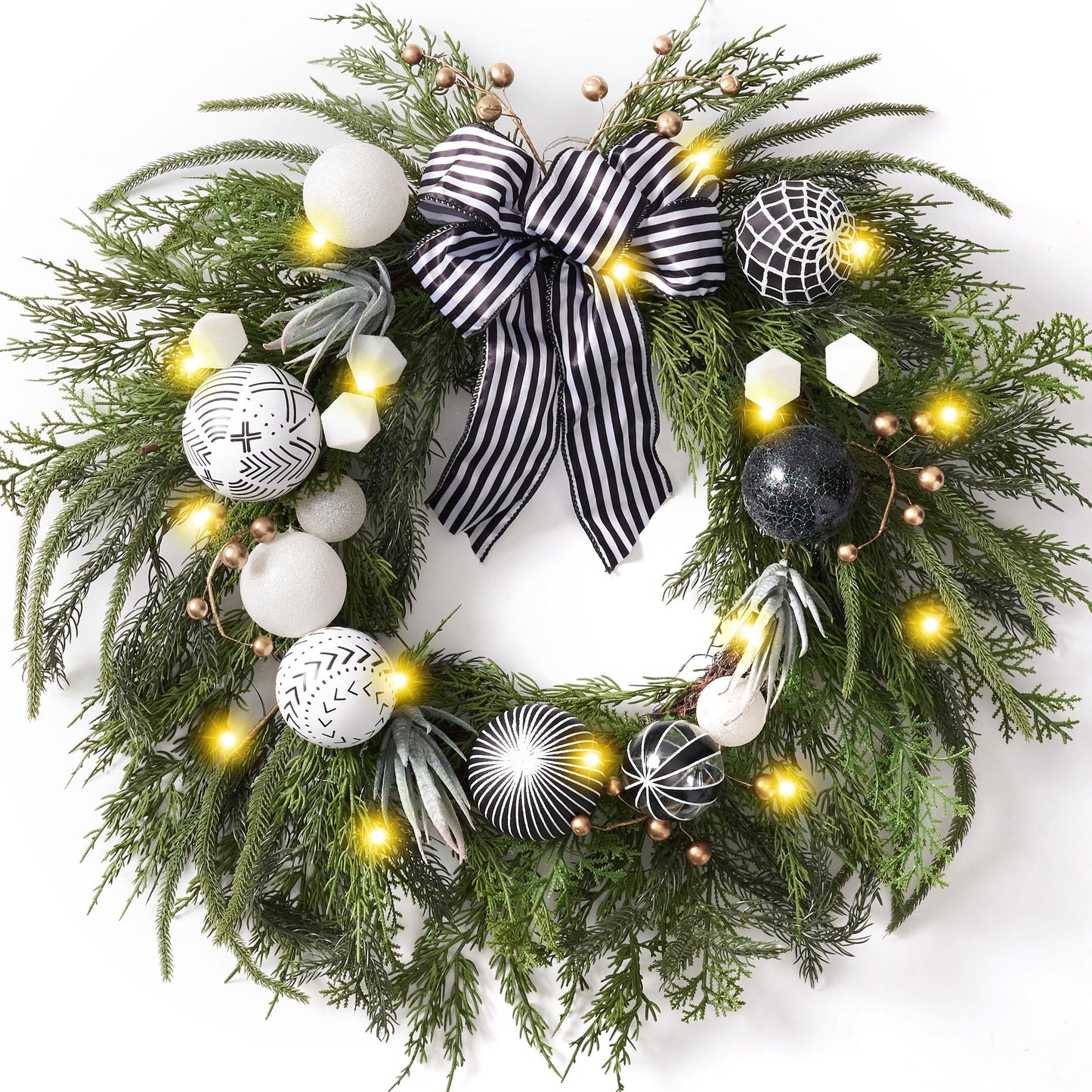 Decorbyhannah Collapsible Christmas Wreath, 24 inch Prelit Norfolk Pine Wreaths for Front Door with Ornament, Aritificial Greenery Christmas Wreath Decorations with Lights (Boho Black & White)