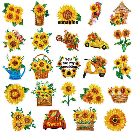 Crtiin 24 Pcs Diamond Art Stickers for Kids Sunflower Diamond Painting Stickers 5D DIY Gem Painting Kit Paint by Numbers Diamonds Spring Mosaic Back to School Gift for Boy Girl Crtiin