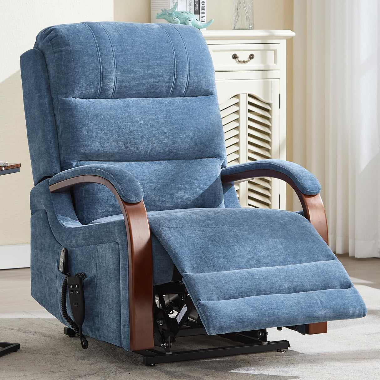 Trustyue Dual Motor Power Lift Recliner Chair, Lift Chair with Massage and Heat for Elderly, Lay Flat Recliner, Standing Assistance, Infinite Position Reclining, Living Room Chair, Chenille, Blue Trustyue