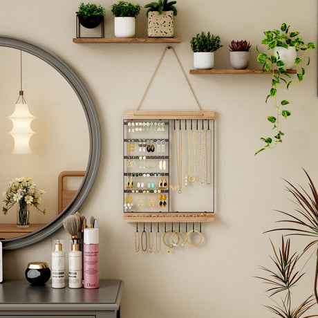 Feyejade Hanging Jewelry Organizer, 5-Tier Wall Earring Holder with Wooden Ring Groove, Jewelry Rack Wall Mounted for Earrings, Necklaces, Bracelets and Rings, Jewelry Holder Stand,Black Feyejade