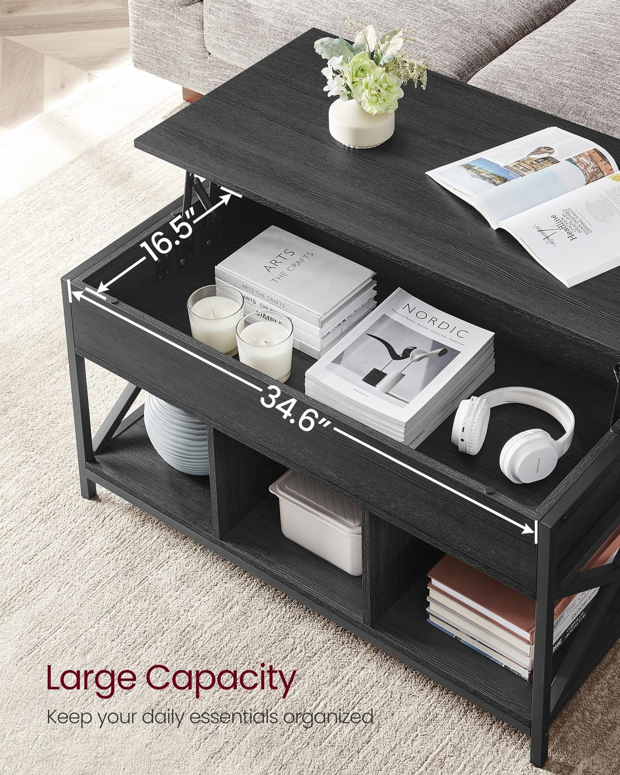VASAGLE Lift Top Coffee Table, Lift Coffee Table with Storage Shelf, Hidden Compartments and Lifting Top, for Living Room, Office, 19.7 x 39.4 x (19.3-24.4) Inches, Black with Wood Grain ULCT202B22 VASAGLE