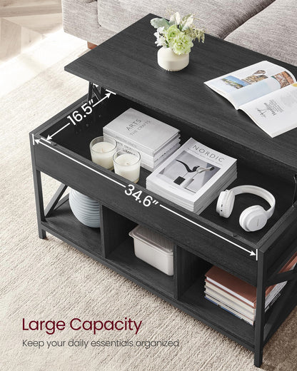 VASAGLE Lift Top Coffee Table, Lift Coffee Table with Storage Shelf, Hidden Compartments and Lifting Top, for Living Room, Office, 19.7 x 39.4 x (19.3-24.4) Inches, Black with Wood Grain ULCT - WoodArtSupply