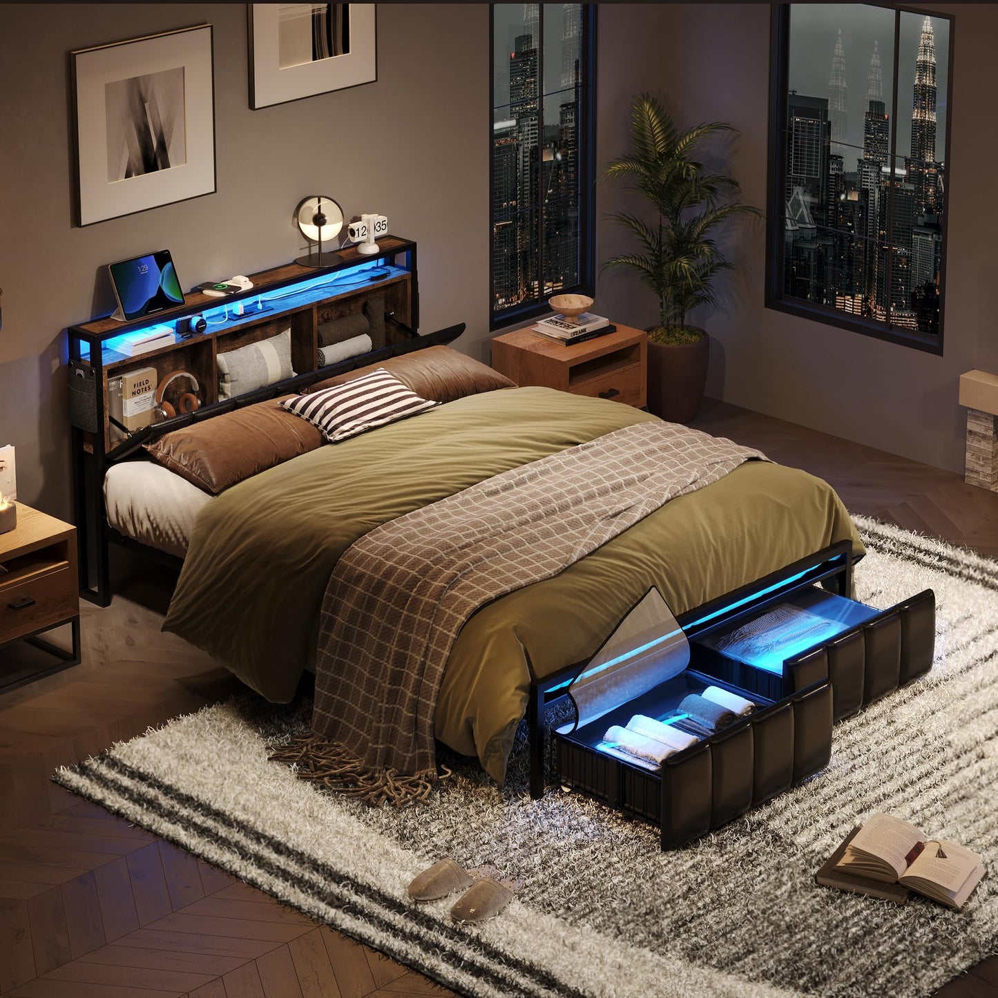 Bestier Rustic Brown Full Bed Frame with Hidden Storage Headboard and LED Lights - WoodArtSupply