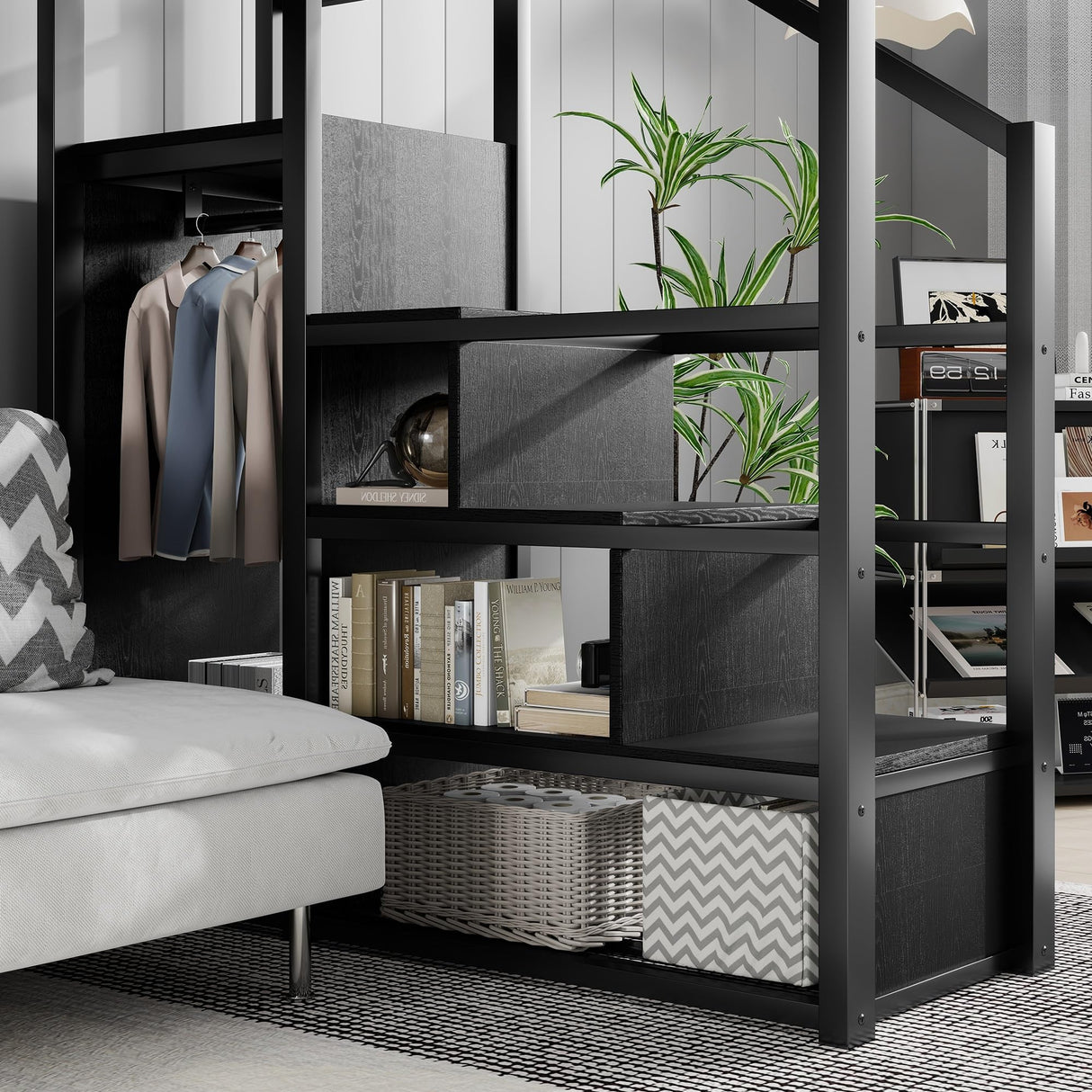 Mirightone Full Size Loft Bed with Stairs, Metal Loft Beds, High Loft Bed Frame with Storage Shelves, Lofted Full Bed with Wardrobe for Kids and Teens, No Box Spring Needed (Black) Mirightone