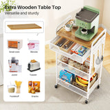 3-Tier Rolling Utility Cart with Wheels - Metal Cart with Wood Tabletop, Slide Drawer and Pegboards & Hooks, Versatile Storage Organizer Cart for Home Office Kitchen, White SNTD