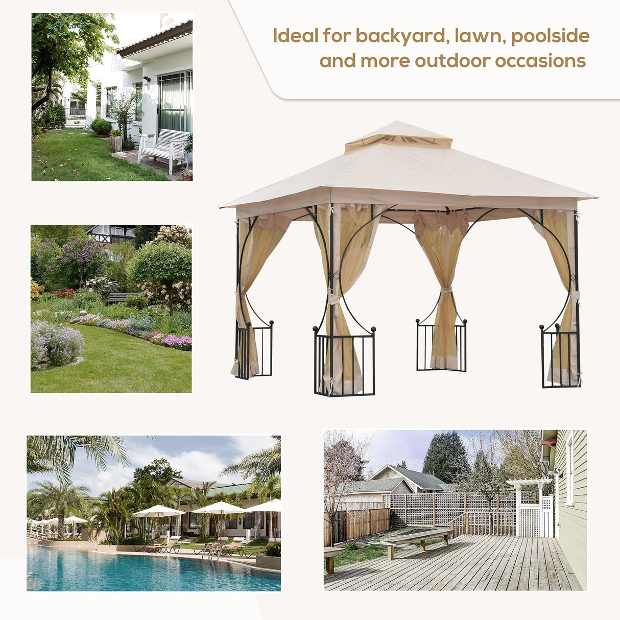 Outsunny 10' x 10' Patio Gazebo, Double Roof Outdoor Gazebo Canopy Shelter with Netting, Steel Corner Frame for Garden, Lawn, Backyard and Deck, Beige Outsunny