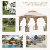 Outsunny 10' x 10' Patio Gazebo, Double Roof Outdoor Gazebo Canopy Shelter with Netting, Steel Corner Frame for Garden, Lawn, Backyard and Deck, Beige Outsunny
