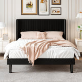 SHA CERLIN Queen Size Velvet Bed Frame with Vertical Channel Tufted Wingback Headboard, Upholstered Platform Bed with Wood Slats, No Box Spring Needed, Easy Assembly, Black SHA CERLIN