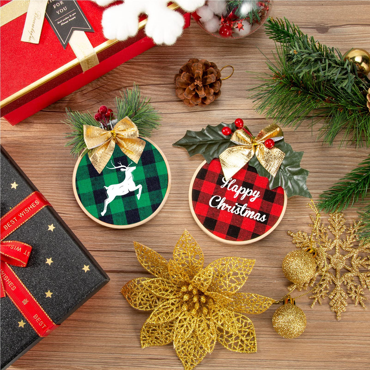 Caydo 12 Pack Christmas Ornament DIY Craft Kit Includes 3 Inch Bamboo Embroidery Hoops, Christmas Plaid Fabric, Mini Pine Cones, Artificial Pine Needle and Small Berries for Christmas DIY Decor Caydo