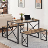 VECELO Kitchen Table with 2 Benches for 4, Wood Dining Room Dinette Sets with Metal Frame for Breakfast Nook and Small Space, Brown VECELO